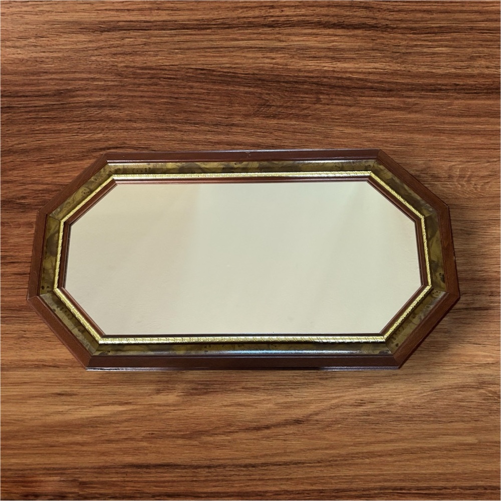 Vtg.Home Interior Octagon Wall Mirror Featuring A Faux Burl Wood W/Gold Accents